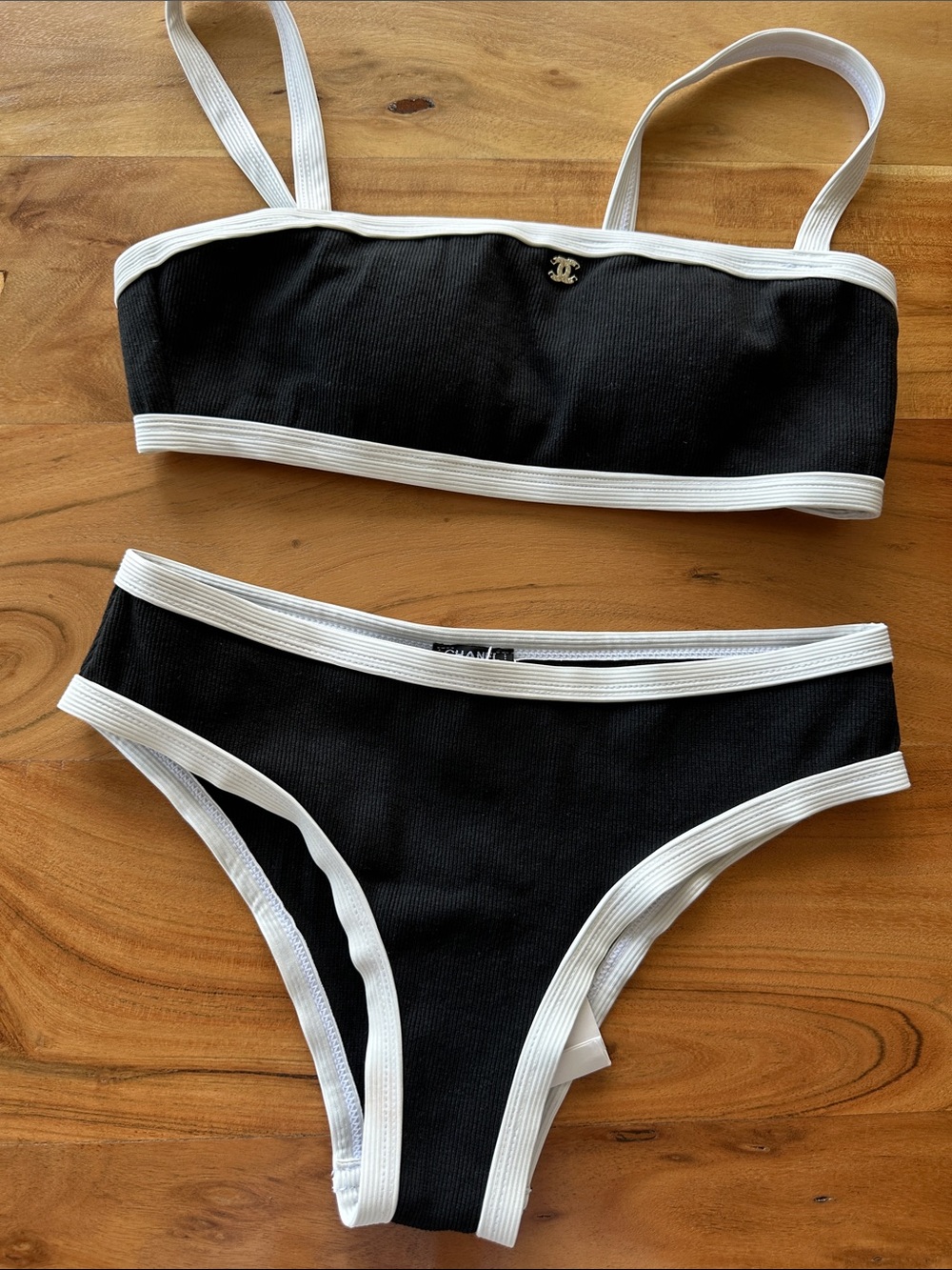 Black and White Trim Bandeau Bikini Set